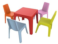 RESOL Set Julieta: Table et 4 chaises pour Enfants. Meubles pour Enfants pour extérieur ou intérieur. pour Jardin, Patio, Balcon ou terrasse - 1 Table Rouge + 4 chaises Rose/Orange/Bleu/Citron