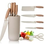 Kitchen Knife Set, 6-Pieces Khaki Sharp Knife Set for Kitchen, Non-Stick Non-Slip Stainless Steel Chef Knife Set with Universal Knife Block Suitable for Home Restaurant