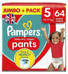 Pampers Baby-Dry Nappy Pants Size 5, 64 Nappies, 12kg - 17kg, Jumbo+ Pack