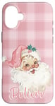 iPhone 16 Plus Pink Christmas Santa Claus Vintage Face on Pink Gingham Case