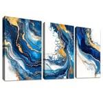 3Pcs Cadre en bois Impression sur Toile tableau Marbre nordique bleu marine Image sur Toile Sables mouvants dorés Peinture Tableau Decoration Murale Salon Chambre Maison 150x70cm(20"x28"x3pcs)