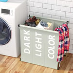 BAKAJI Laundry Basket 3 Compartments Foldable Metal Frame and Fabric Bag Decoration Sritta Space Saving Container with Lid (Light Grey)