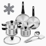 Stainless Steel Saucepan Set, 14-Piece Non Toxic Cookware Set with Stay-Cool Handle, Kitchen Induction Hob Pots and Pans Set with Steamer, PFOA/PFOS/PTFE Free, for All Stove