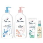 BIOLANE - Kit Bain & toillette - Bébé - Gel douche, Lait de toilette, Crème hydratante, Huile d'amande douce - Pour les peaux sensibles - Fabriqués en France