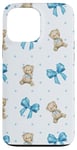 Coque pour iPhone 13 Pro Max Ruban bleu avec motif à pois et ours en peluche mignons