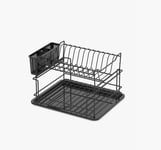 Teknotel 2 Tier Dish Tray Drainer Foldable with Cutlery Tray Black 