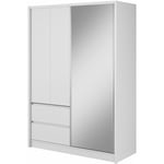 Armoire de rangement sara 154 cm Porte Coulissante Miroir 2 Tiroirs Blanc Mat