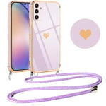 Vauki Coque pour Samsung Galaxy A54 5G avec Cordon, Silicone Motif Coeur d'amour Mignon Étui Bumper Protection de Collier Lanyard avec Chaîne Case pour Samsung A54 5G 6.4 Pouces, Lila