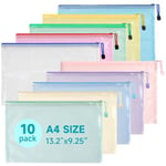 Mutsitaz 10 Pcs Pochette Document Zippée A4, PVC Mesh Zipper Pouch Document Wallet, Pochette Rangement pour Voyage, Fournitures, Bureau (10 Couleurs)