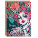 Birthday Card Mad Hatter Fashion Woman Colourful Design Greeting Card