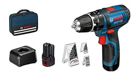 Bosch Professional 12V System GSB 12V-15 cordless combi drill (max. drilling diameter in wood: 19 mm, including 2x2.0 Ah battery + charger, 2x drill set, 1x bit set, in bag) - Amazon Exclusive Set