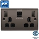 BG NBN22UAC30B Black Nickel Double Socket with USB Type 30W A & Type C USB