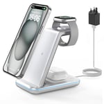 GEEKERA Wireless Charger Stand, 3 in 1 Wireless Charging Station for iPhone 16/15/14/13/12/11/Pro Max/XS/XR/X, Fast Charging Stand for Apple Watch 2-Ultra, Docking Station for AirPod 4/Pro/3/2-Silver