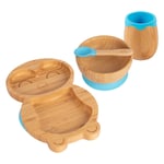 4pc Tiny Dining Blue Penguin Bamboo Baby Feeding Set Kids Plate Bowl Spoon Cup