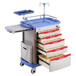 VEVOR Chariot de Laboratoire à 5 Niveaux, Chariot Médical Mobile avec 5 Tiroirs, Chariot de Soins avec Matériau PP, 2 Poubelles et 4 Roues Silencieuses, pour Labo, Clinique, Hôpital, Salon, Bleu