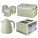 Swan Retro Kettle, 4 Slice Toaster, Bread Bin Canisters Set (Green)