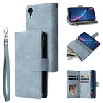 UEEBAI Wallet Case for iPhone XR, Premium Vintage PU Leather Magnetic Closure Handbag Zipper Pocket Case Kickstand Card Holder Slots Wrist Strap TPU Shockproof Flip Cover for iPhone XR -Sky Blue