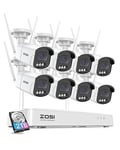 ZOSI 2,5K 8CH NVR Kit Vidéo Surveillance sans Fil avec 4MP Caméra WiFi, Alarme de Son et de Lumière, Détection de Personne/Véhicule, Audio Bidirectionnel, Vision Nocturne Couleur avec Projecteur