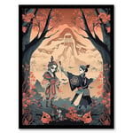 Artery8 The Promise Traditional Kabuki Theatre Performance Scene Painting Pink Blue Teal Japanese Forest Mountain Landscape Artwork Framed Wall Art Print 18X24 Inch