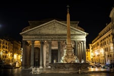 Pantheon at night with fountain It is one of the best-preserved Ancient Roman buildings in Rome Italy