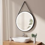 EMKE Miroir de Salle de Bain Rond 70 cm, Miroir Rond Salle de Bain avec Interrupteur Tactile et Fonction Anti-buée, Lumière Blanche 6500K, Cadre Noir et bandoulière réglable