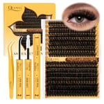 QUEWEL Lash Extension Kit 320Pcs 80D+100D Fluffy Cluster-Lashes Mix 12-18mm Thick Eyelash-Clusters Bond and Seal Lash Kit and Lash Tweezers Easy DIY at Home(80D+100D Fluffy Kit)