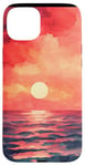 Coque pour iPhone 15 Plus Housse de téléphone motif aquarelle géométrique plage et océan coucher de soleil rouge