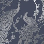 Glistening Peacock Navy Blue Wallpaper Metallic Silver Holden Bird Trees Feather