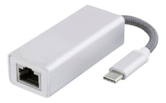 DELTACO USB C Network Adapter, Gigabit, RJ45, white bag, silver