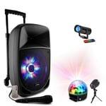 Enceinte Bluetooth USB Sur batterie PARTY-8LED Karaoke Mobile avec Chariot - 1 Micro - Télécommande - 3 Jeux de Lumière - Soirée