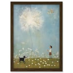 Artery8 Chasing the Giant Dandelion Dream Artwork Giant Wish Oil Painting Kids Bedroom Child and Pet Dog in Daisy Field Artwork Framed Wall Art Print A4