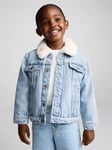 Mango Kids' Lisa Faux Fur Contrast Collar Denim Jacket, Light Blue