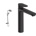 hansgrohe Vernis Shape - Colonne de douche avec mitigeur thermostatique, douche pluie avec robinet & Vernis Blend Mitigeur de lavabo 190 sans tirette ni vidage, noir mat, 71582670