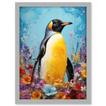 King Penguin in Colourful Floral Flowers Nest Thick Paint Oil Painting Yellow Black Blue Colourful Artwork Framed A3 Wall Art Print