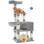 Feandrea Arbre à Chat Hauteur 138 cm, Tour de Jeux pour Chats, avec Base et 9 Poteaux à Griffer, 1 Plateforme, 1 Niche, 1 Hamac, 1 Pompon, 1 Corde, Tissu Peluche, Multi-Niveaux, Gris Clair PCT60W