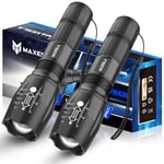 Maxesla Lampe Torche LED Ultra Puissante, 2000 Lumens Lampe de Poche, IP65 Étanche Lampe Tactique, Zoomable, 5 Modes D'éclairage, Antichoc Anti-dérapant pour Camping Randonnée Urgence, Lot de 2