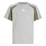 adidas Unisex Kids Seasonal Essentials Colorblock T-Shirt, Medium Grey Heather/Olive strata/White, 7-8 Years