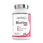 Biotine Cheveux 10 000 mcg + Vitamine D3 + E + Zinc + Sélénium | Puissant Anti-Chute de Cheveux | Peau et Ongles Éclatants | Haute Concentration et Biodisponibilité. Approvisionnement pour 4 Mois.