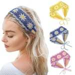 3 st/förpackning virkade pannband för kvinnor, handgjorda stickade hårband, Boho virkade huvudomslag för flickor, blommönster (gul och blå och rosa)