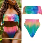 Colorful Print Tube Top Split Swimsuit Ruffle Multicolor S
