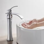 Mitigeur Lavabo Cascade Robinet pour Lavabo et Vasque Salle de Bain Design Moderne Haute Bec Monocommand pour Vasque à Poser Lave-main Laiton Chromé