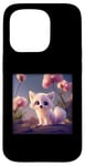 Coque pour iPhone 15 Pro Bébé renard blanc avec une grosse queue duveteuse fleurs de pêche