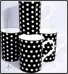 Black Dots Mugs Set of 4 Bone China Black Mugs Hand Decorated in UK