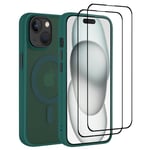 32nd Magnetic case cover for iPhone 15 (6.1") Compatible with MagSafe + 2 Screen Protectors, Slim Back Shockproof Protective Phone Cover - Dark Green