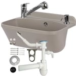 Lavabo plastique gris 46,5 cm avec siphonne tirette et vidange, mousseur robinet avec douchette extractible, distribuer de savon