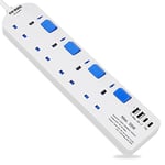 SE UKASE Extension Lead withUSB-C PD port,Fast Charging, 4 Way Plug Sockets with Individual Switches USB and Type C, Wall Mount Design with 2M Extension Cable 2990W/13A