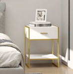 White Bedside Table Contemporary Gold Drawer Cabinet Modern Shelf Lamp Stand