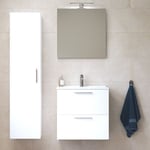 Set Mia ensemble meuble 59x61x39,5cm avec miroir, lavabo, éclairage LED + armoire 145x35x35cm, Blanc brillant