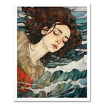 Dreaming of the Sea Woman Sleeping Egon Schiele Style Watercolour Painting Red Brown Blue Carried by Waves Art Print Framed Poster Wall Decor 12x16 in