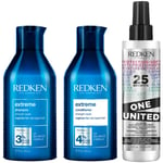 Redken Extreme Shampoo, Conditioner and One United Multi-Benefit Leave-in Treatment, Strength Repair Bundle for Damaged Hair